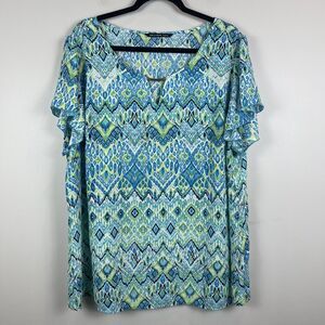 Zac & Rachel Womens Top Size 3X Blue Geo Printed Blouse Boho Flowy Art Casual